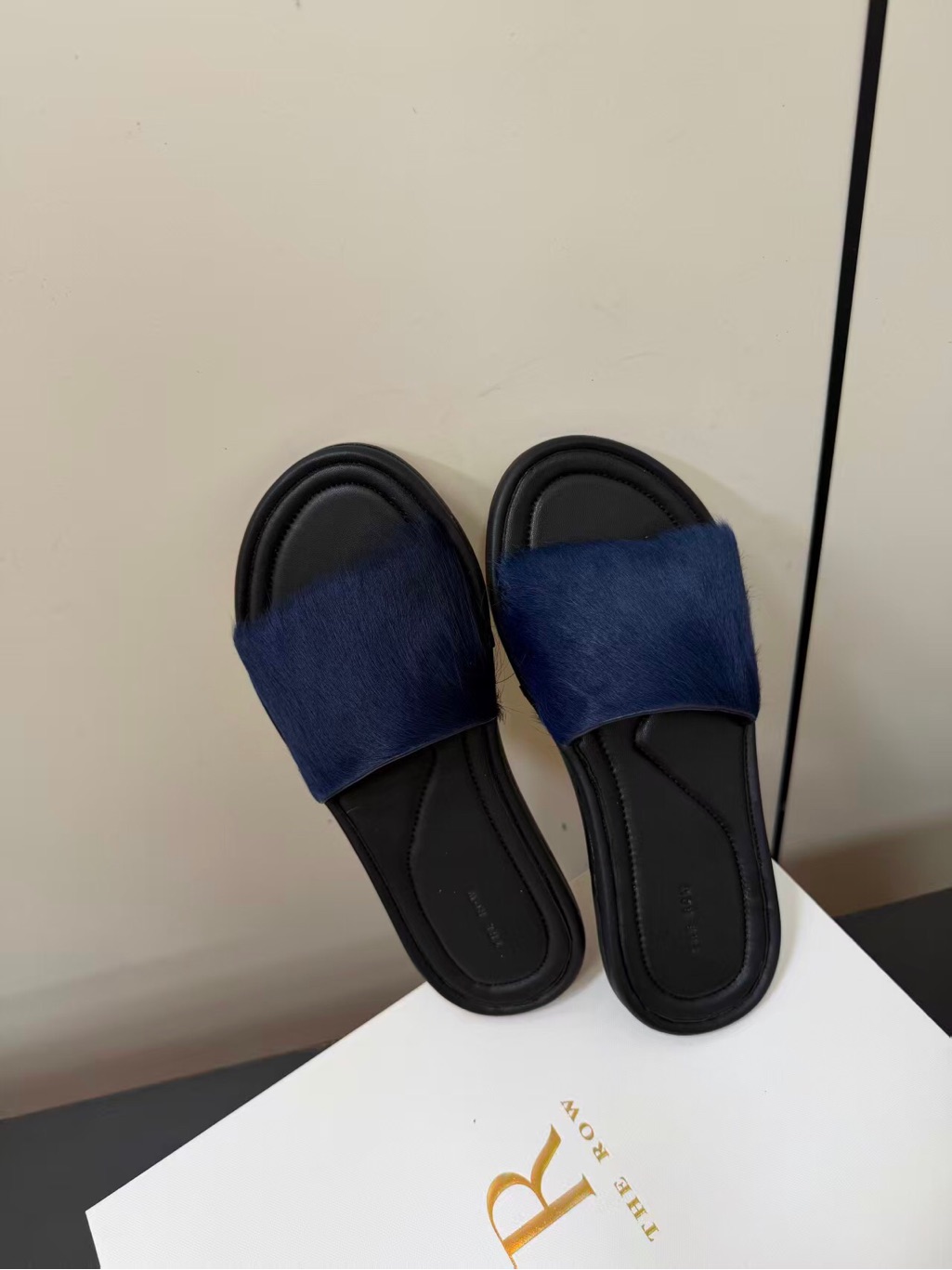 The Row Navy Blue Faux Fur Slide Sandals
